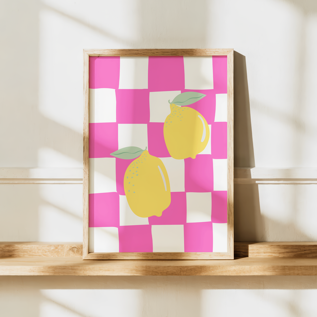 Italian Lemon Wall Art Print, Pink Checkerboard Kitchen Decor, Mediterranean Digital Download Poster