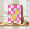 Italian Lemon Wall Art Print, Pink Checkerboard Kitchen Decor, Mediterranean Digital Download Poster