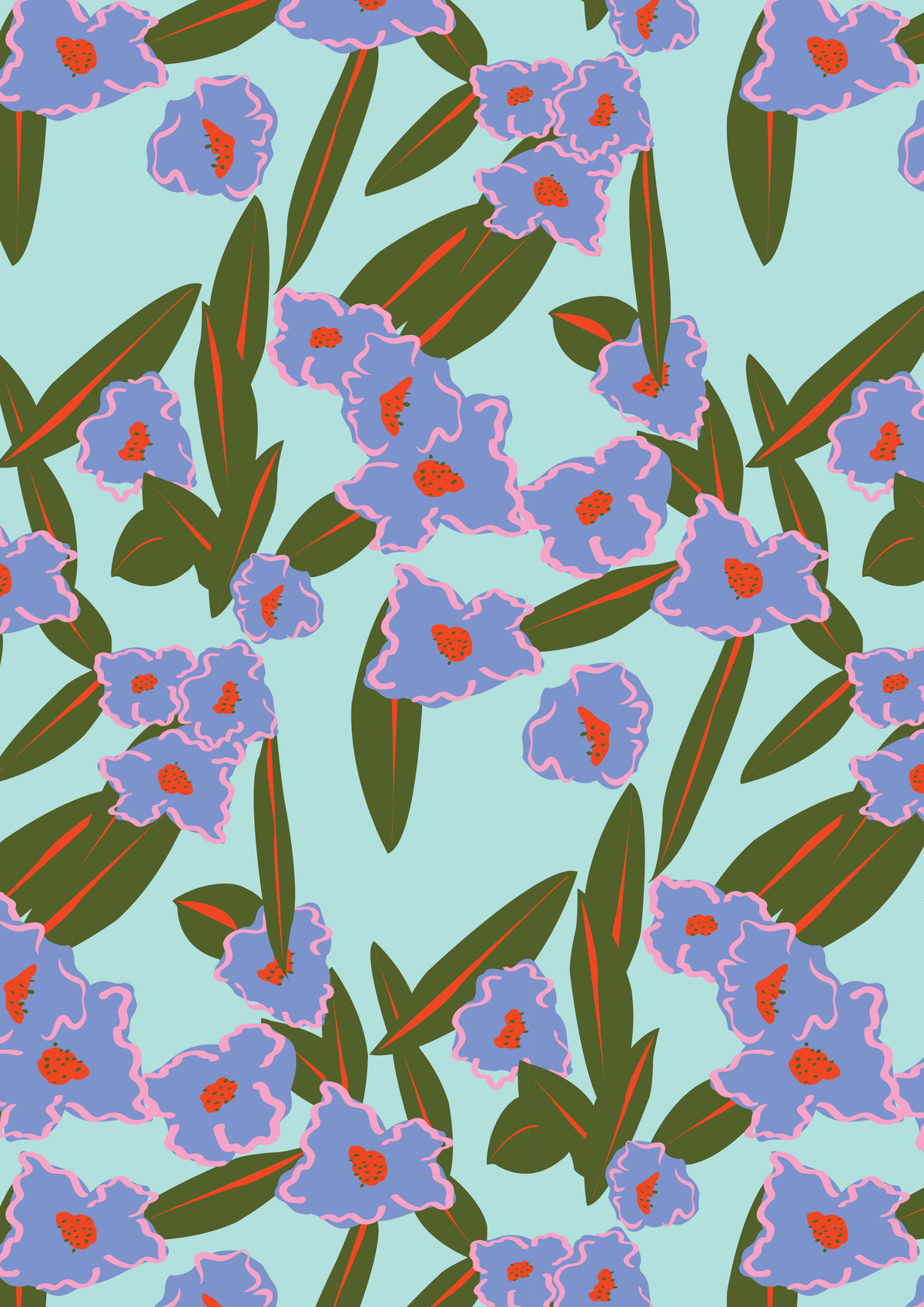 Bold Blue Purple Floral Art Print, Maximalist Wall Decor, Matte Paper Poster (A4-A1)