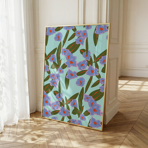 Bold Blue Purple Floral Art Print, Maximalist Wall Decor, Matte Paper Poster (A4-A1)