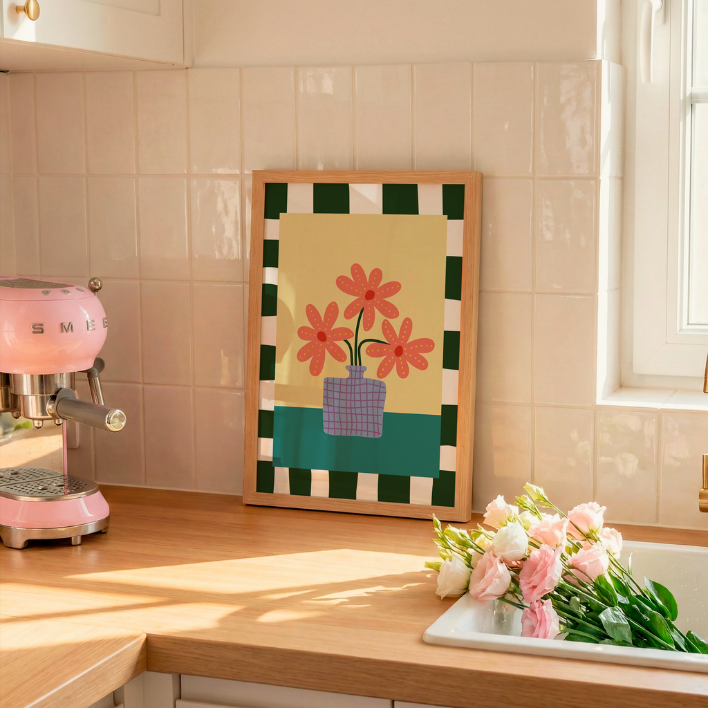 Retro Floral Print, Colourful Flower Vase Wall Art, Scandinavian Home Decor, Digital Download Poster