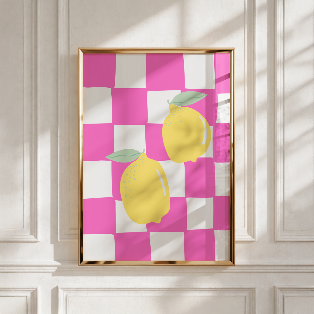 Italian Lemon Wall Art Print, Pink Checkerboard Kitchen Decor, Mediterranean Digital Download Poster