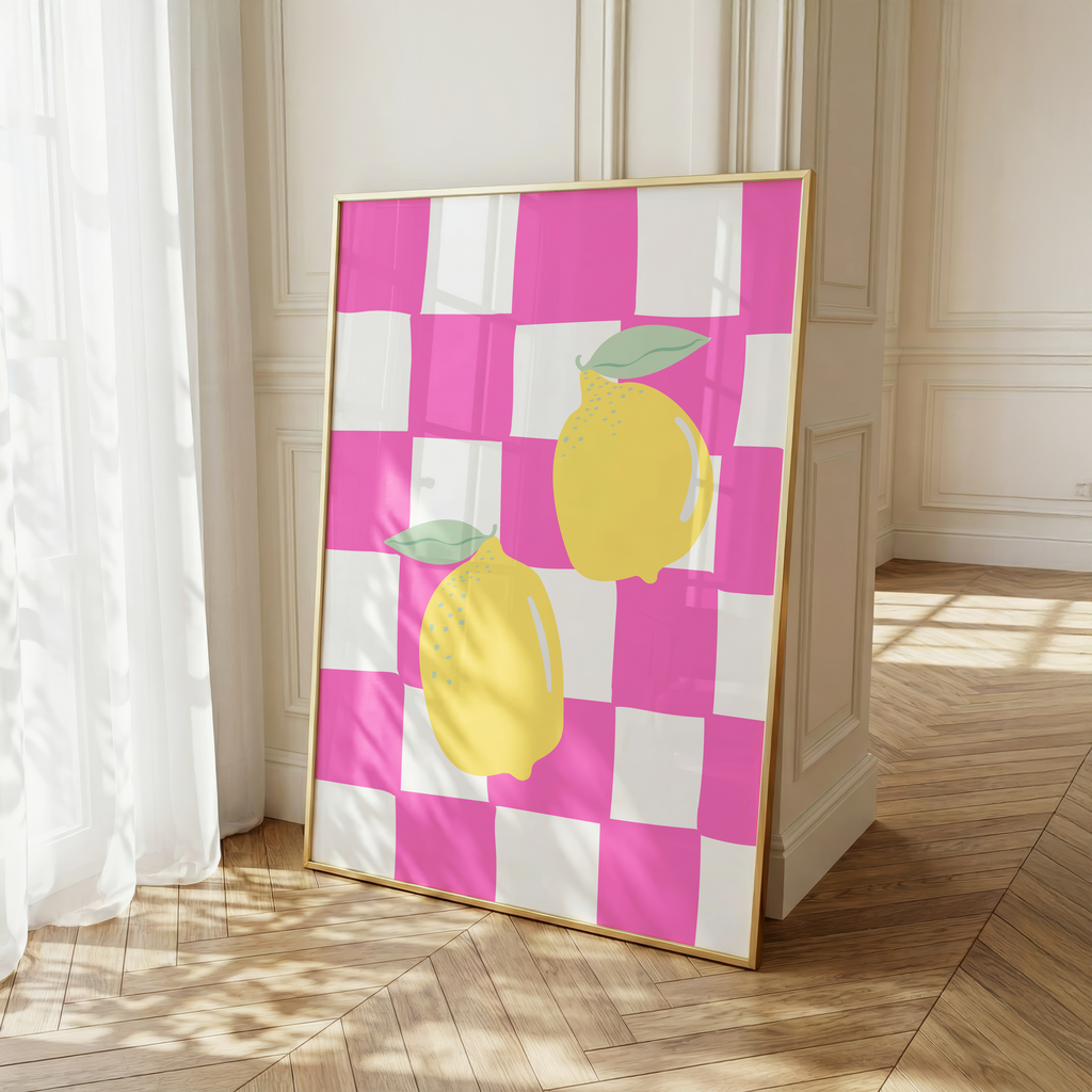 Italian Lemon Wall Art Print, Pink Checkerboard Kitchen Decor, Mediterranean Digital Download Poster