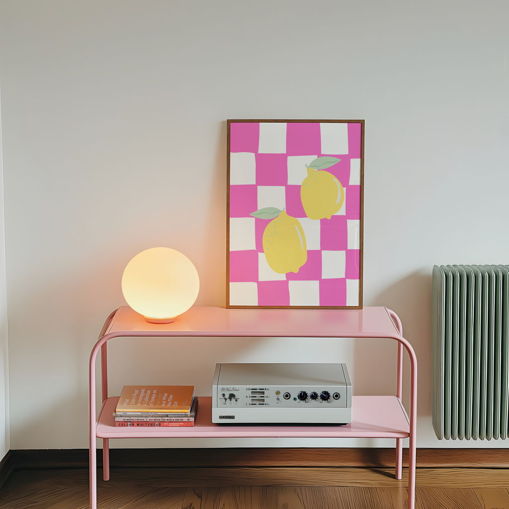 Italian Lemon Wall Art Print, Pink Checkerboard Kitchen Decor, Mediterranean Digital Download Poster