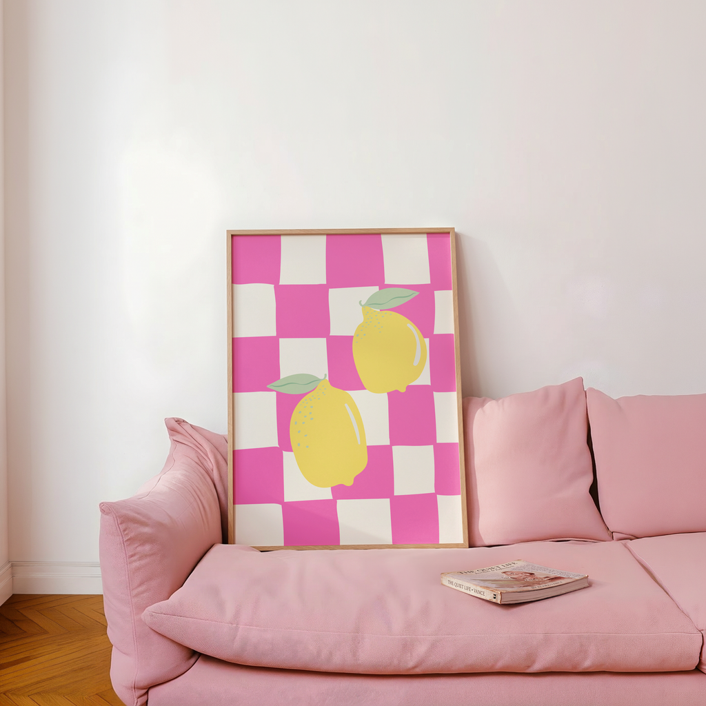 Italian Lemon Wall Art Print, Pink Checkerboard Kitchen Decor, Mediterranean Digital Download Poster