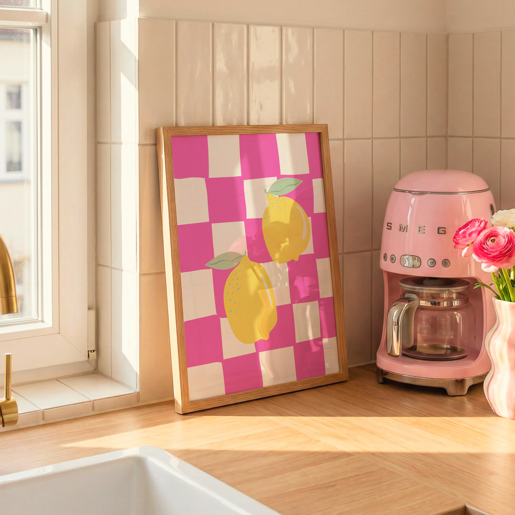 Italian Lemon Wall Art Print, Pink Checkerboard Kitchen Decor, Mediterranean Digital Download Poster