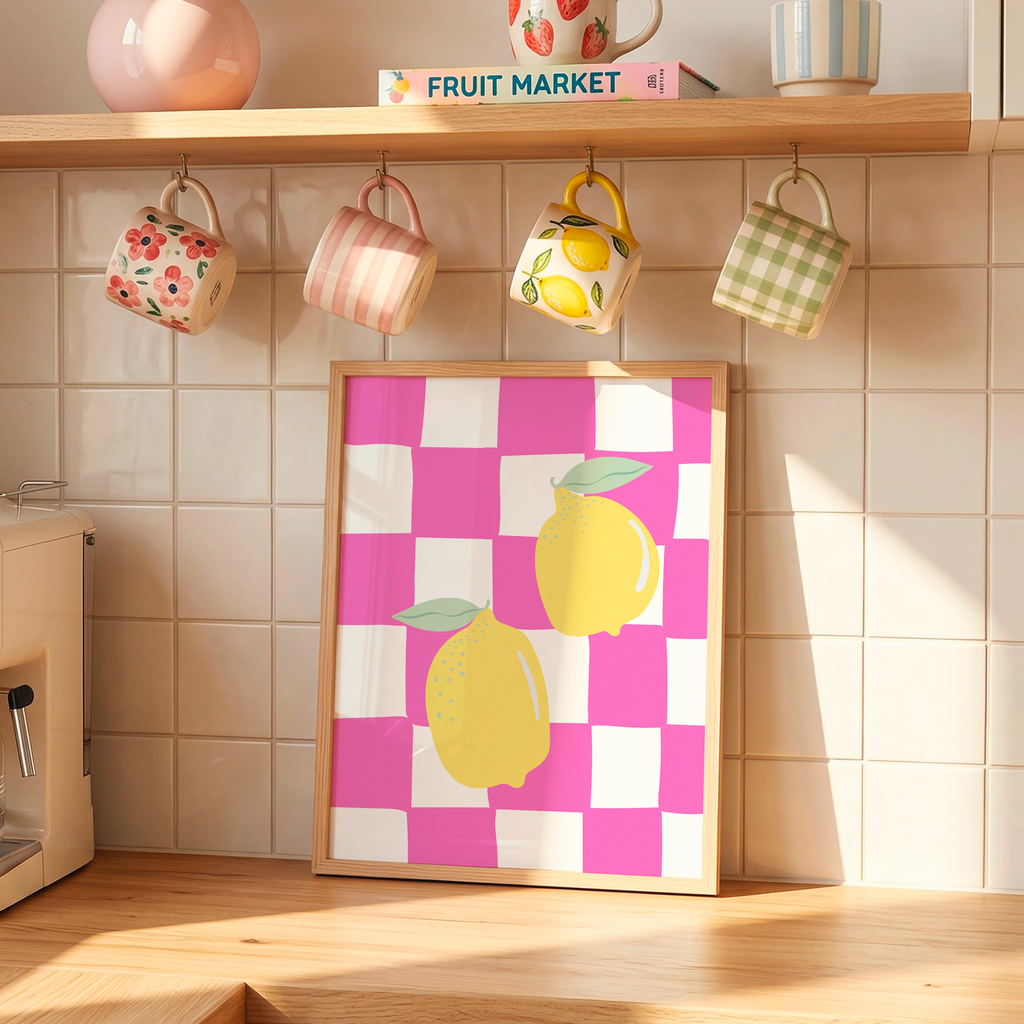 Italian Lemon Wall Art Print, Pink Checkerboard Kitchen Decor, Mediterranean Digital Download Poster