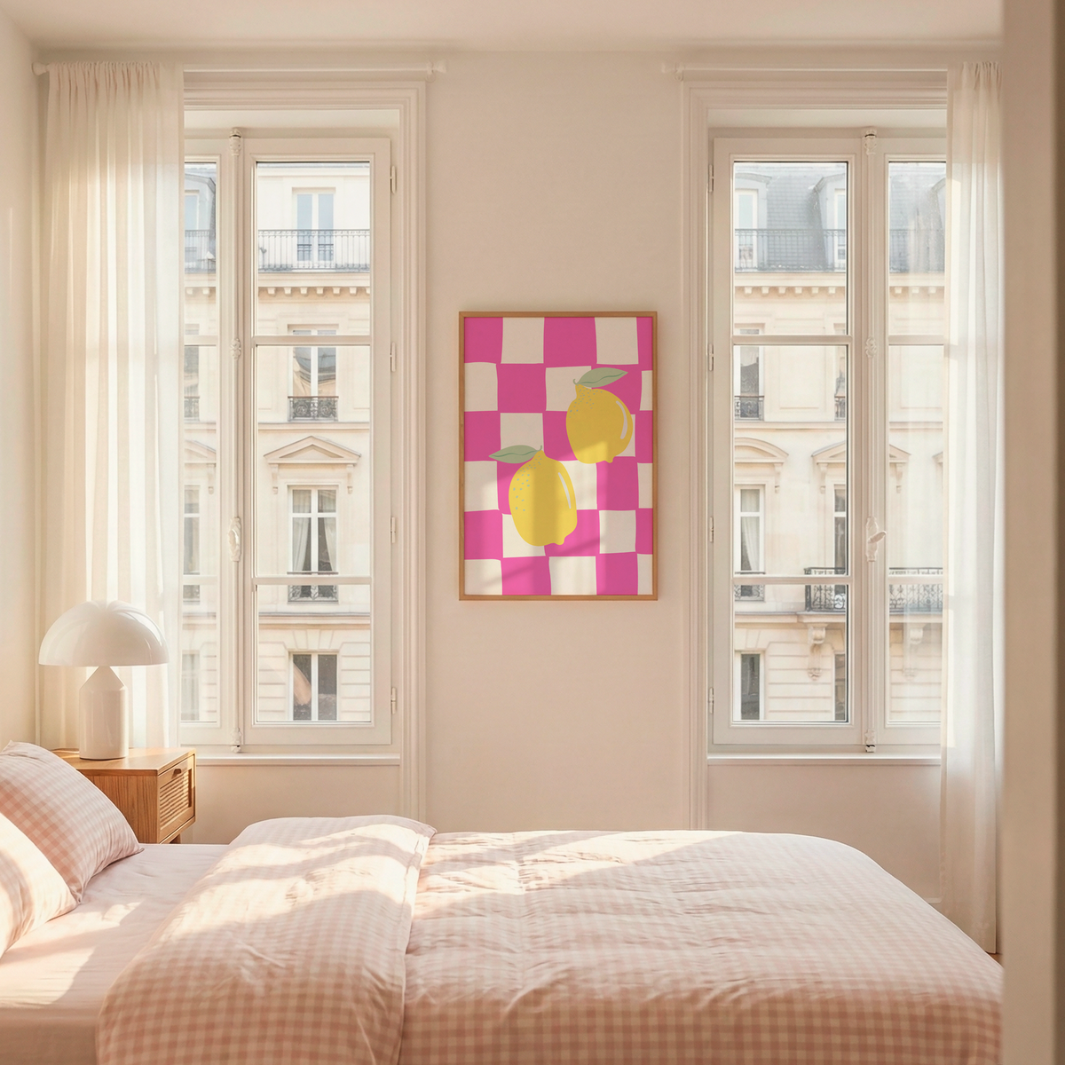 Italian Lemon Wall Art Print, Pink Checkerboard Kitchen Decor, Mediterranean Digital Download Poster