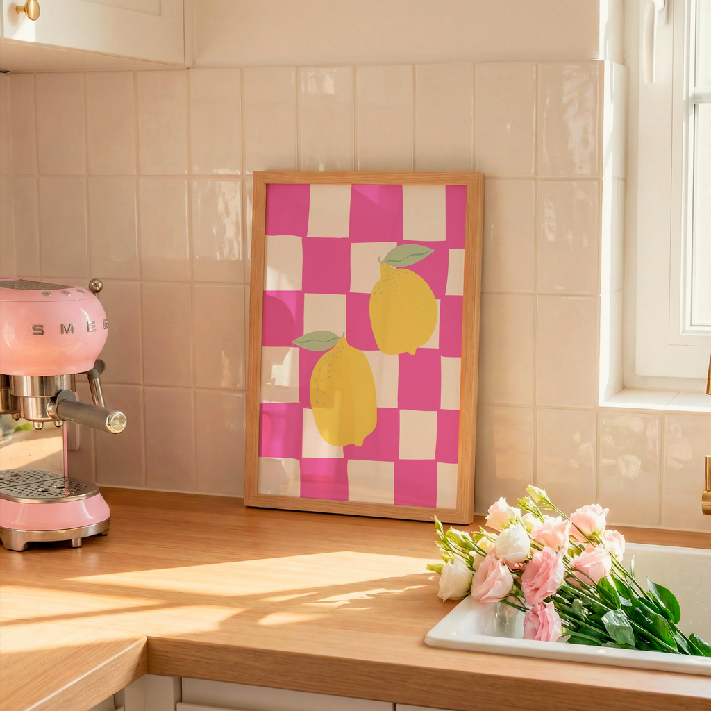 Vibrant Italian-inspired lemon wall art featuring a trendy pink checkerboard design. Instant digital download with multiple size ratios included.