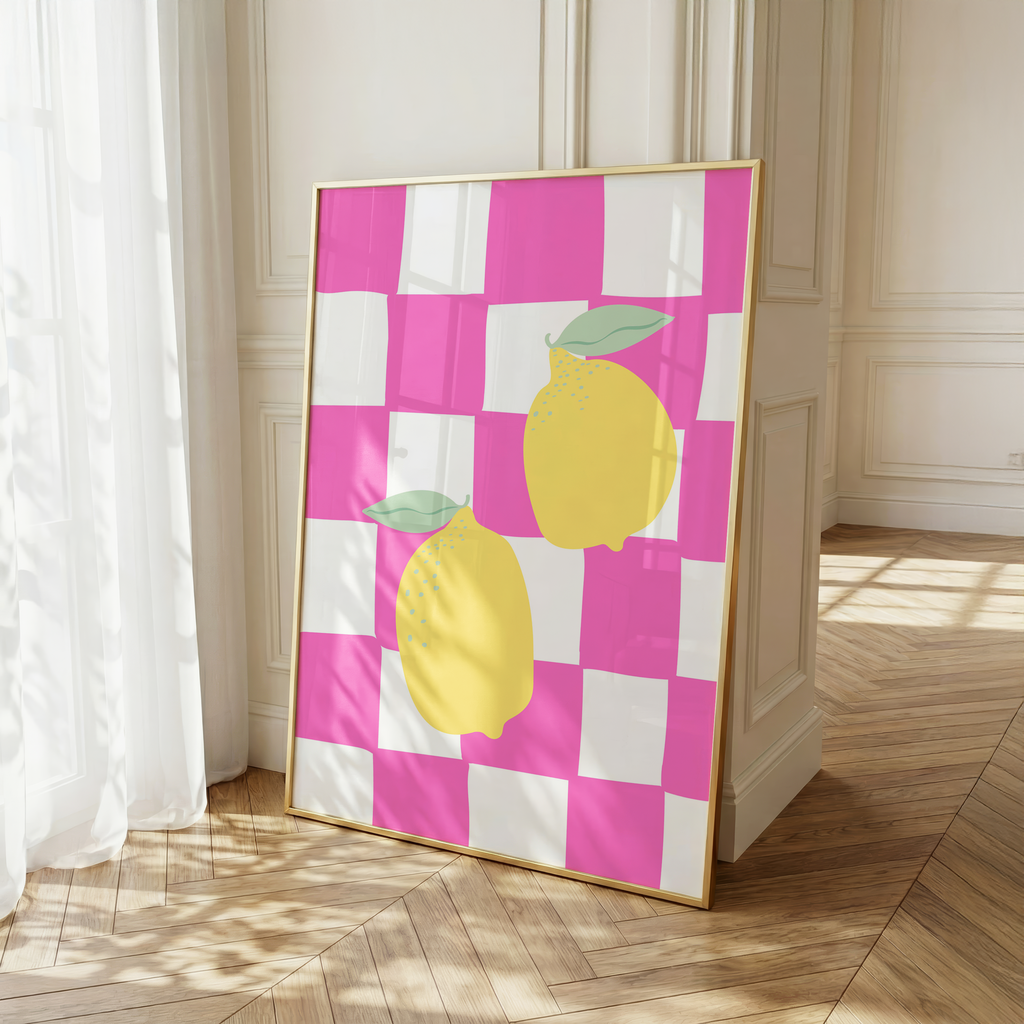 Vibrant Italian-inspired lemon wall art featuring a trendy pink checkerboard design. Instant digital download with multiple size ratios included.