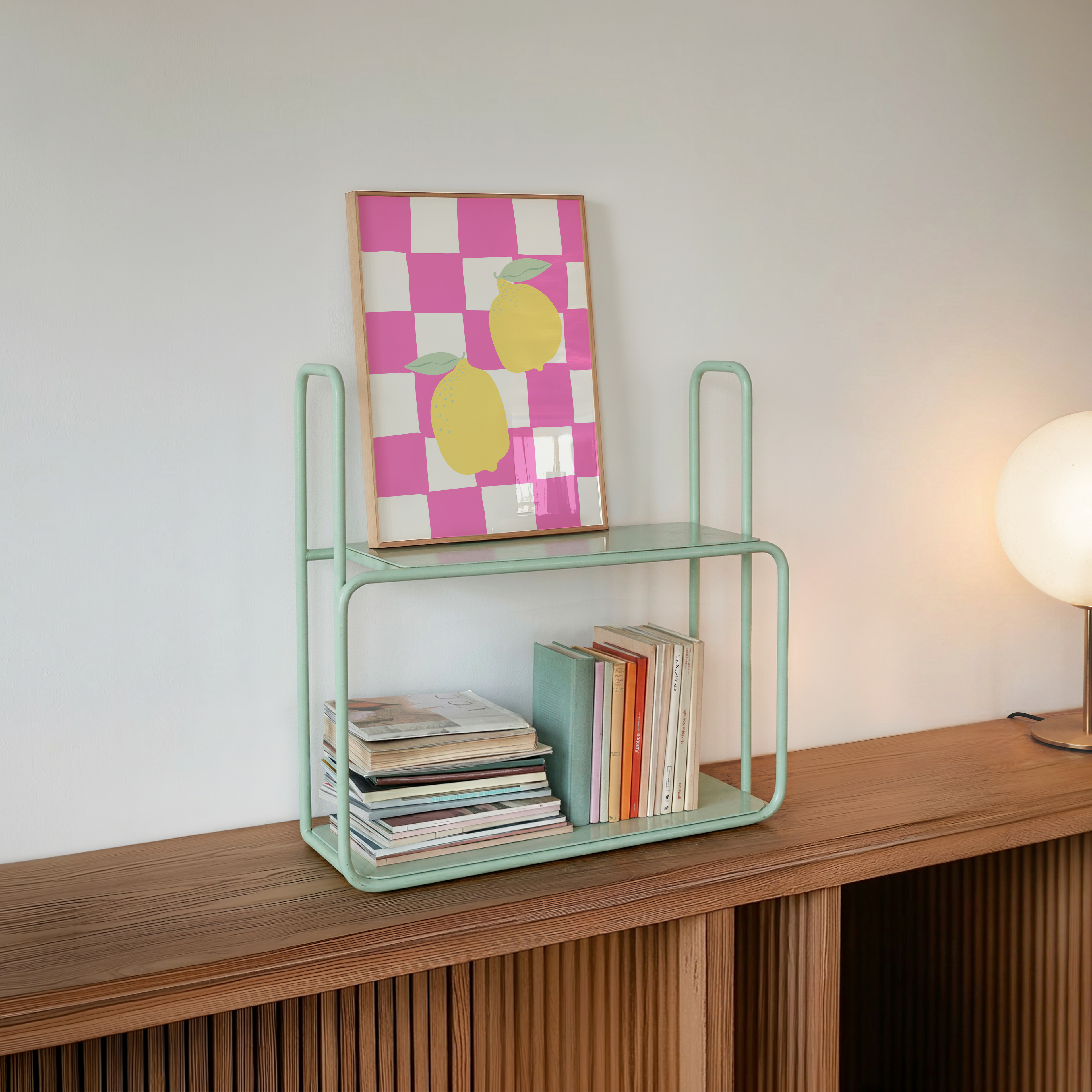Vibrant Italian-inspired lemon wall art featuring a trendy pink checkerboard design. Instant digital download with multiple size ratios included.