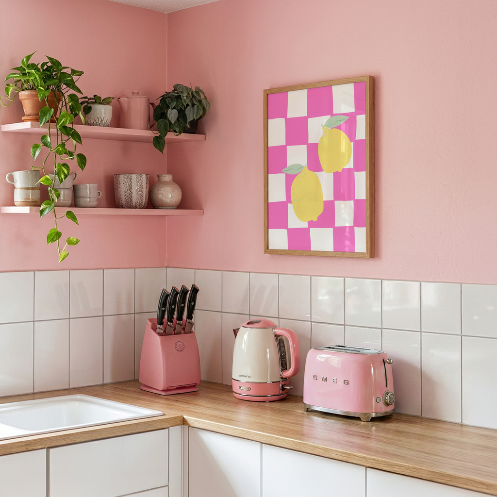 Vibrant Italian-inspired lemon wall art featuring a trendy pink checkerboard design. Instant digital download with multiple size ratios included.