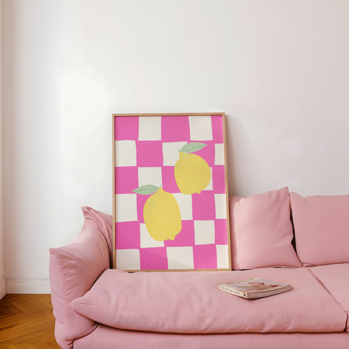 Vibrant Italian-inspired lemon wall art featuring a trendy pink checkerboard design. Instant digital download with multiple size ratios included.